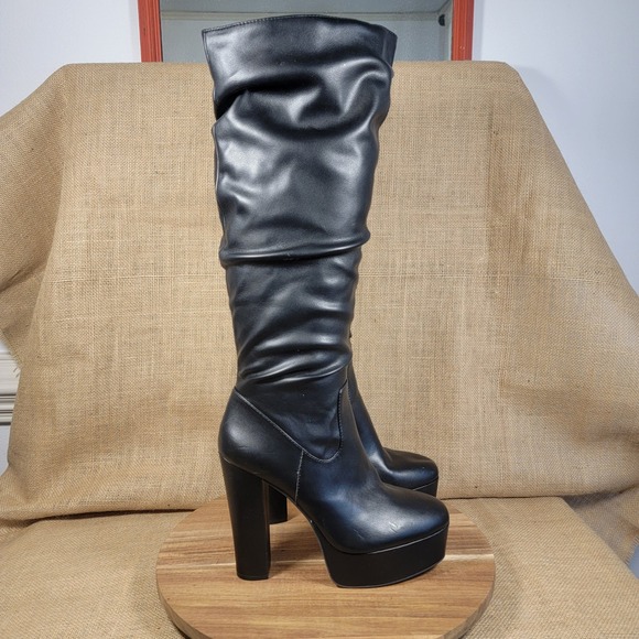 JLO Boots Jennifer Lopez Primitina Platform Knee High Black Faux Leather Size 10 - Picture 1 of 13